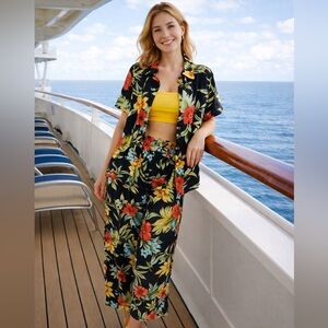 Vintage Caribbean Joe Hawaiian Floral 2-Piece Set Petite 5P NWT Rayon Tropical